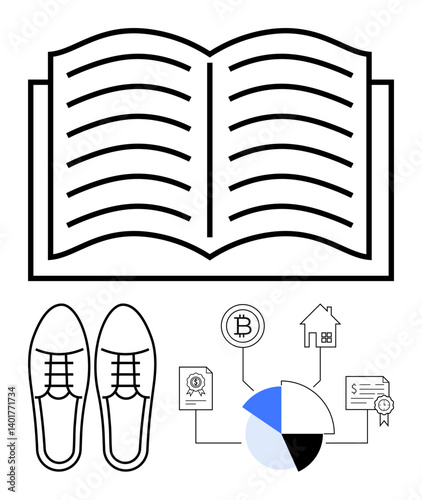 Open book at the center with icons for business, finance, real estate, cryptocurrency, education, and lifestyle surrounding it. Ideal for knowledge, learning, investment economy modern living