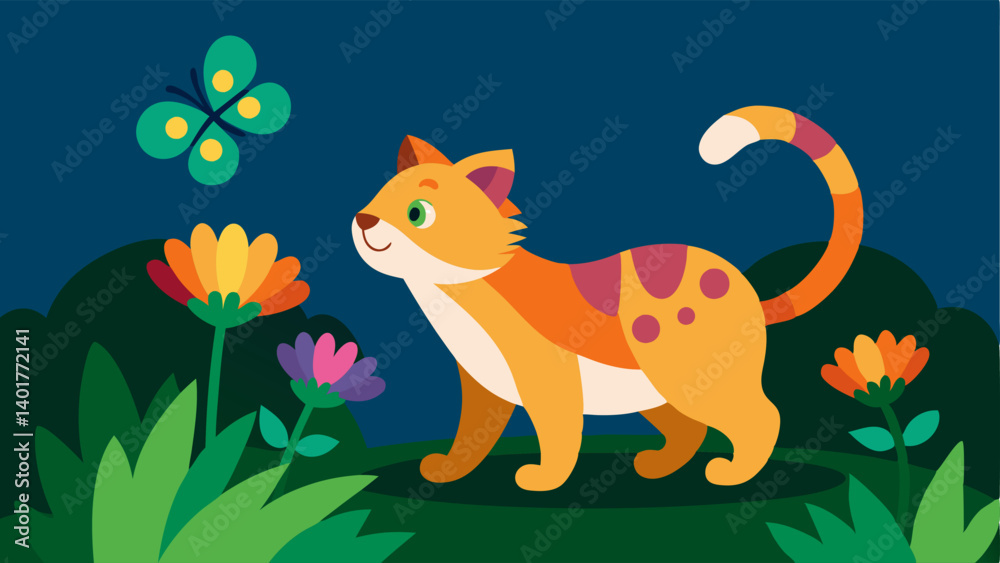 Fototapeta premium Garden Setting In a vibrant garden filled with colorful flowers and lush grass a small calico cat is playfully batting at a butterfly. The vibrant colors of the flowers contrast