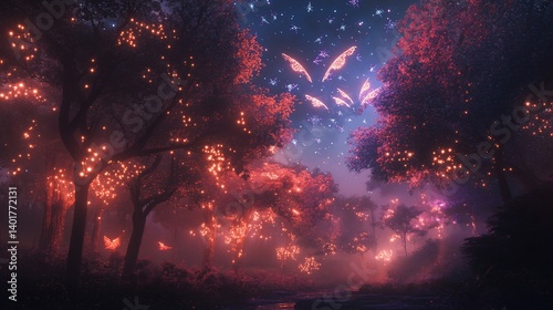 Enchanted forest glowing butterflies, night, fantasy, game art