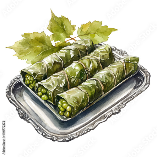 illustration of Stuffed Grape Leaves On A Silver Tray, watercolor vector, isolated on a white background.