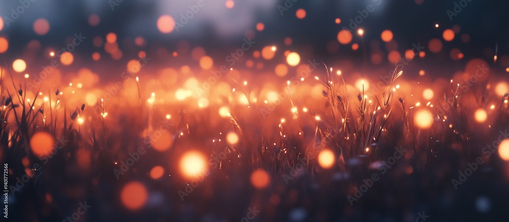 Obraz premium Glowing meadow bokeh, night forest backdrop, fantasy design