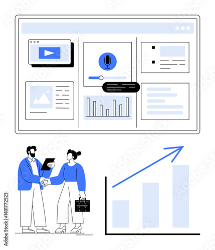 Interactive dashboard with charts, videos, and analytics. Two professionals shake hands, signaling collaboration, with a growth chart. Ideal for teamwork, growth, technology analysis communication