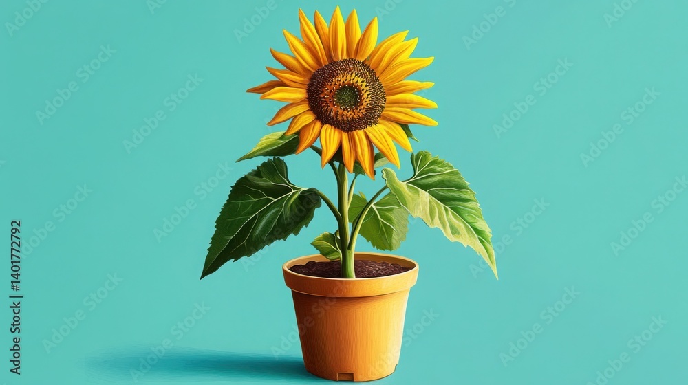 Obraz premium Vibrant Yellow Sunflower in a Terracotta Pot Against a Teal Background
