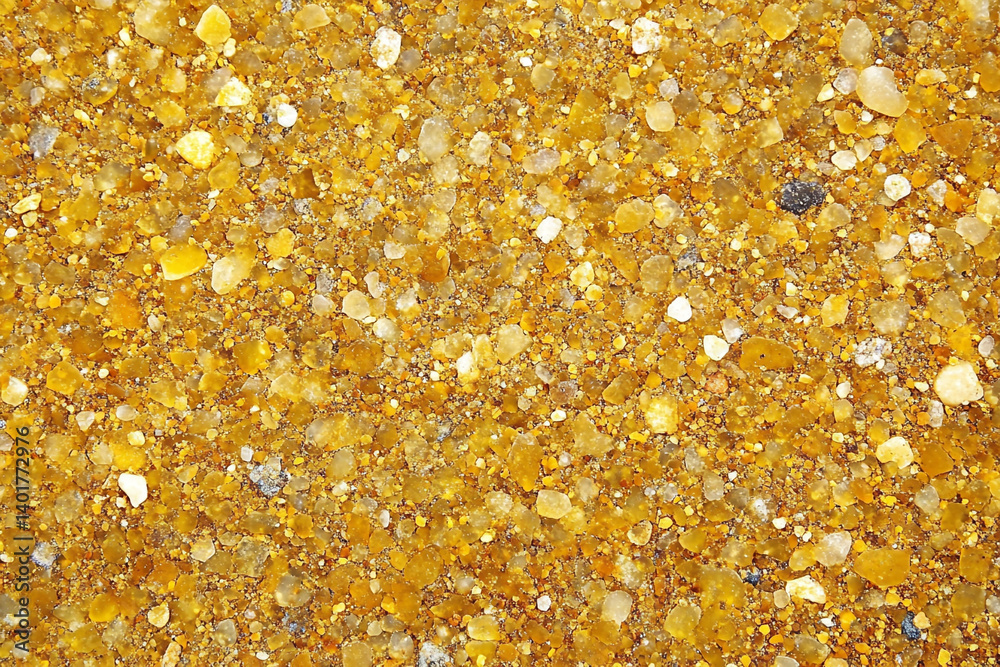 A top view of a sand texture background. The sand is a yellowish-brown color and has small particles of rocks and pebbles scattered throughout A top view of a sand texture background. The sand is a yellowish-brown color and has small particles of rocks and pebbles scattered throughout