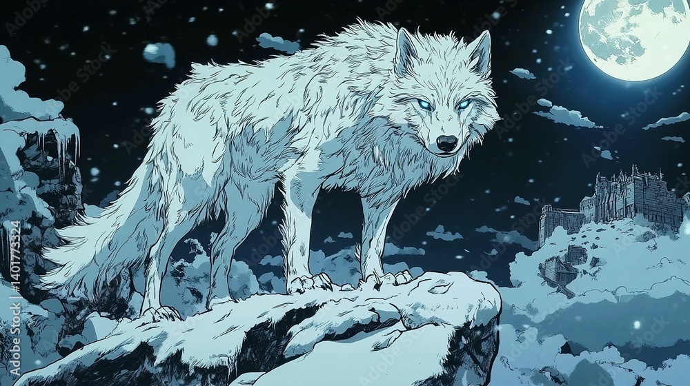 Obraz premium A majestic white wolf stands guard over a snow-covered mountaintop castle.