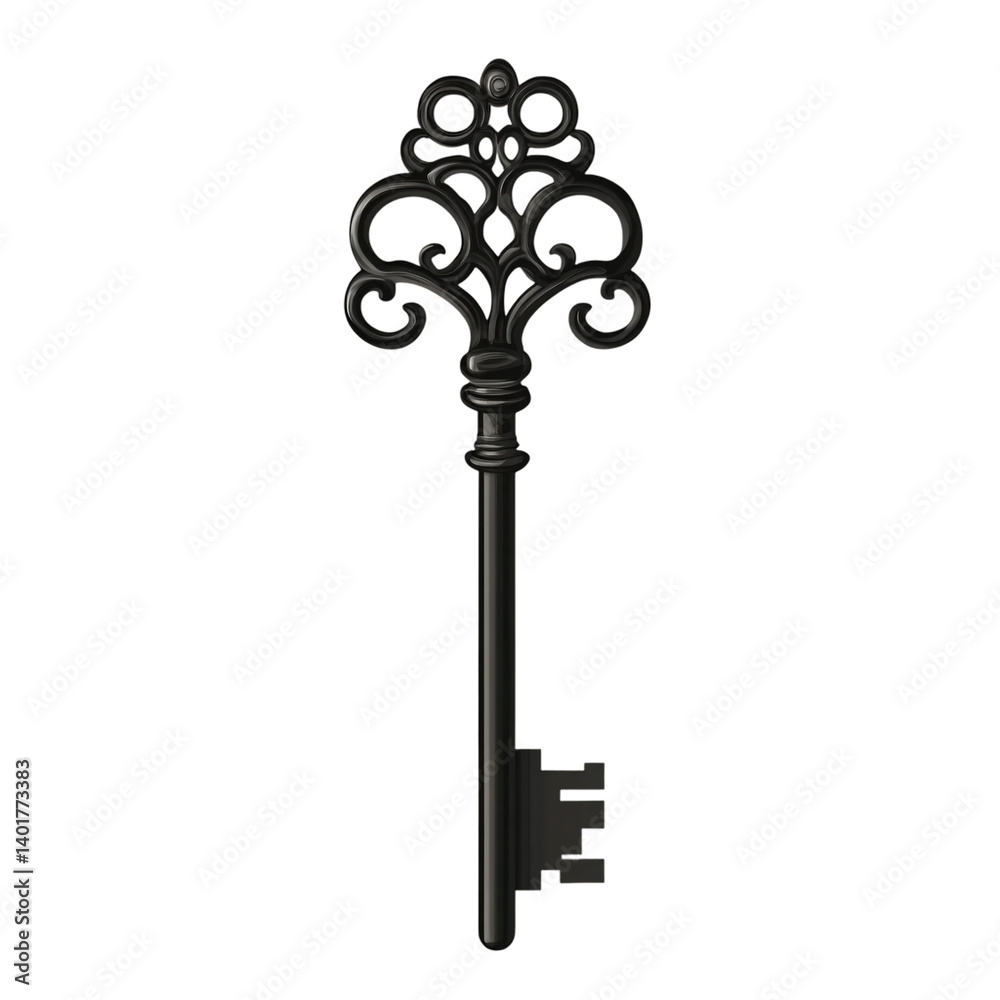 Black metal key with modern design isolated on transparent background. Black metal key with modern design isolated on transparent background.