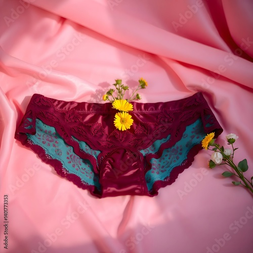 Burgundy Lace Lingerie with Floral Accents on Pink Satin Background