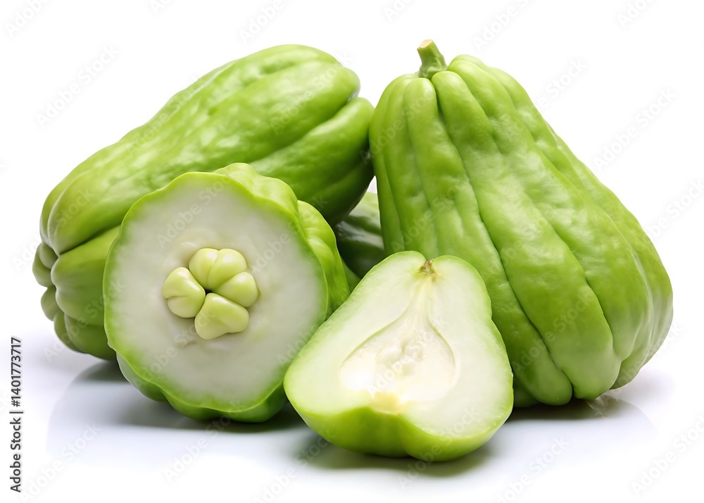 howcasing chayote squash, both whole and sliced on a white background howcasing chayote squash, both whole and sliced on a white background