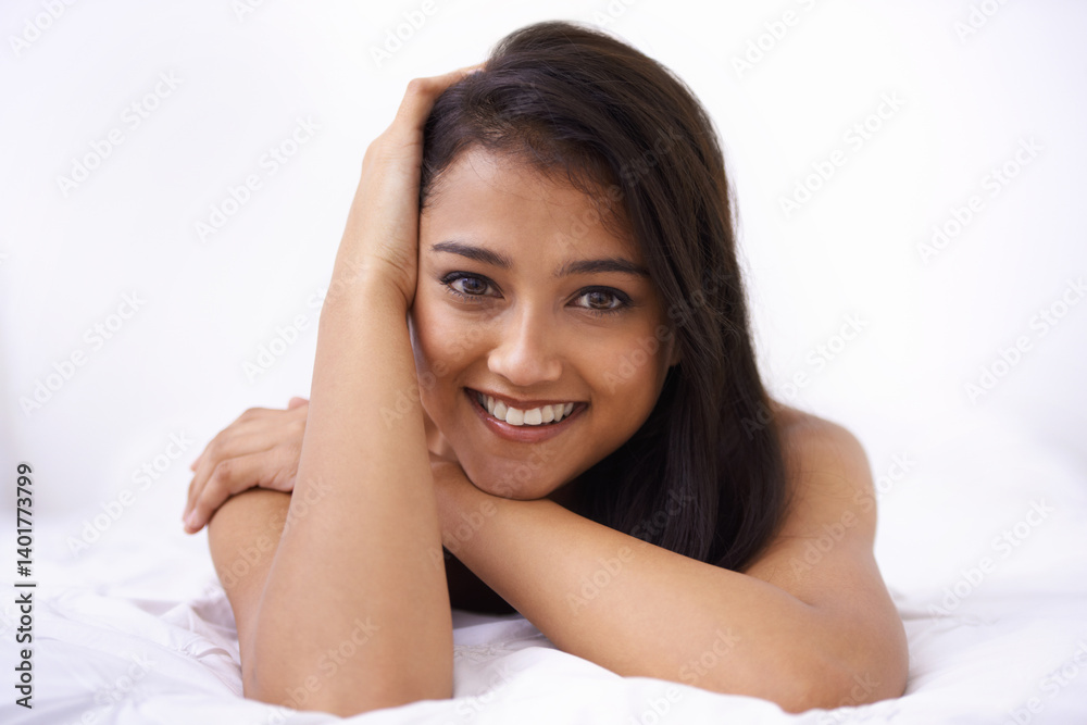 Woman, bed and relax portrait in the morning with rest and sleep in a home with a smile. Indian female person, bedroom and wake up on duvet with peace and calm in a house on a blanket with comfort Woman, bed and relax portrait in the morning with rest and sleep in a home with a smile. Indian female person, bedroom and wake up on duvet with peace and calm in a house on a blanket with comfort
