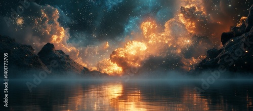 Mystical sunset over lake, starry sky, mountains