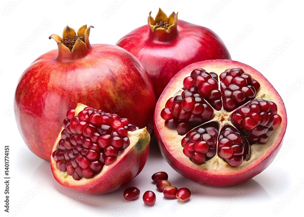 pomegranates, both whole and sliced open to reveal the juicy red seeds inside pomegranates, both whole and sliced open to reveal the juicy red seeds inside