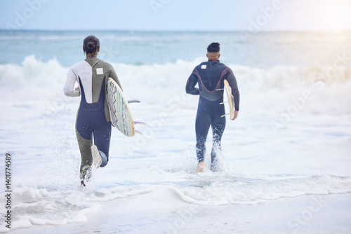 Canvas Print Back, water and ocean with couple for surfing in vacation, holiday and adventure by Bondi beach in Australia