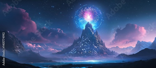 Fantasy Peak Nighttime Fireworks over Mountain Lake