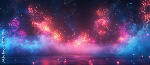 Neon Fireworks Display Over Reflective Water