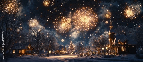 Snowy village, fireworks display, winter night, celebration card