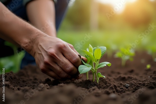 close up of farmer hands is planting seeds in the suburbs beginning of the seasonal agricultural work. business agriculture garden with copy space photo