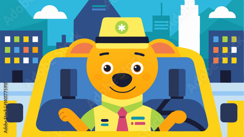 Taxi Interior Scene A cheerful dog wearing a bright yellow taxi driver uniform sits behind the wheel of a classic taxi cab. The dashboard is cluttered with colorful maps and a