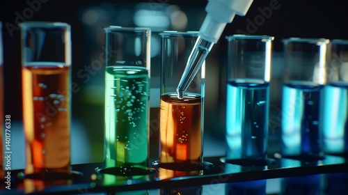 Selective color macro shot of glass pipette dispensing a vibrant liquid into a test tube