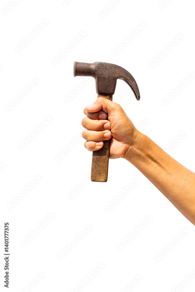 Hand holding hammer and nail isolated on white background. Hand holding hammer and nail isolated on white background.
