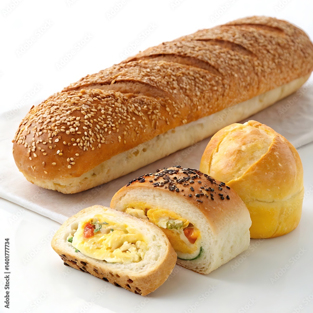 Freshly baked loaf of bread with rolls and crusty brown bun Freshly baked loaf of bread with rolls and crusty brown bun