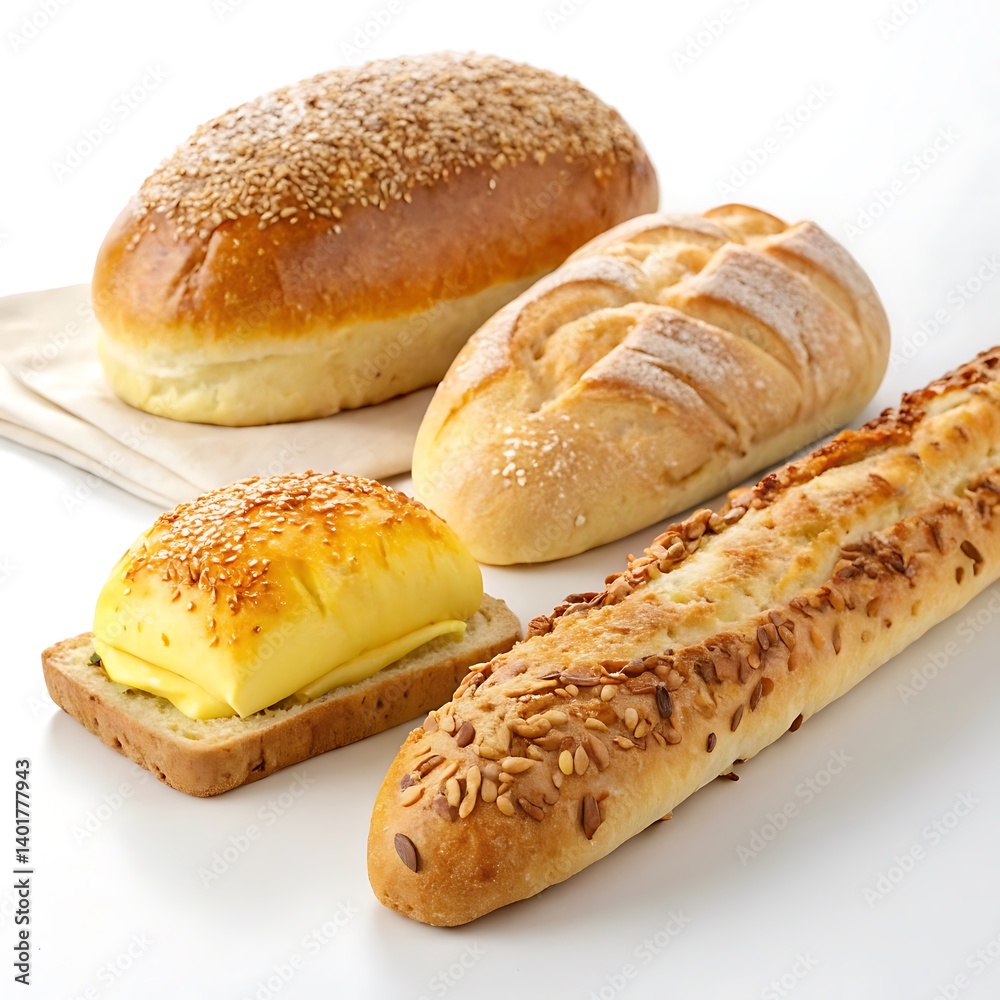 Loaf of fresh baked bread and buns with crusty texture and homemade appeal