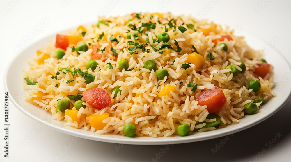 Rice Bowl with Vegetables and Herbs on White Plate Against a White Background Rice Bowl with Vegetables and Herbs on White Plate Against a White Background
