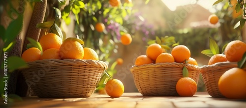 Sunlit Orchard Oranges in Baskets, Garden Background