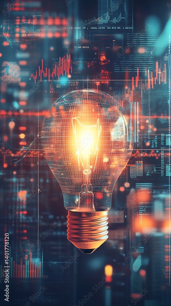 Illuminated Lightbulb with Data Visualization Background Illuminated Lightbulb with Data Visualization Background