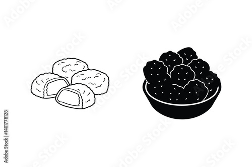 Mochi Outline And Bowl Of Arancini Solid Silhouette Isolated On White