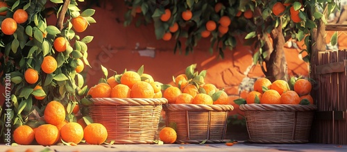 Sunlit Oranges in Baskets, Rustic Wall, Harvest