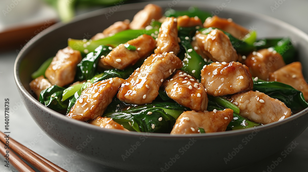 Sesame Chicken and Green Bok Choy Stir Fry in Dark Gray Bowl Close Up Sesame Chicken and Green Bok Choy Stir Fry in Dark Gray Bowl Close Up