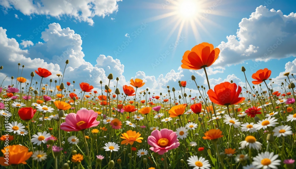 Obraz premium Beautiful Field of Colorful Flowers Under a Bright Sunny Sky