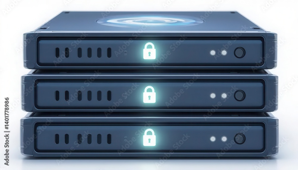 Data protection retention concept. Three stacked data storage devices with illuminated lock icons, emphasizing security and technology in digital environments. Data protection retention concept. Three stacked data storage devices with illuminated lock icons, emphasizing security and technology in digital environments.