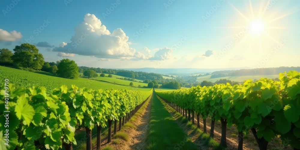 Serene Vineyard Landscape Rows of Lush Grapevines Extending Towards a Sunlit Horizon, Under a Bright Summer Sky with Puffy White Clouds Serene Vineyard Landscape Rows of Lush Grapevines Extending Towards a Sunlit Horizon, Under a Bright Summer Sky with Puffy White Clouds