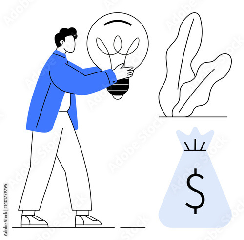 Person holding lightbulb representing ideas beside dollar bag and plant for finance, sustainability. Ideal for creativity, innovation, finance, investment, growth, sustainability, entrepreneurship