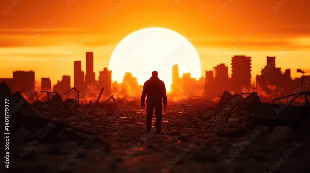 Fototapeta premium A man stands in the middle of a desolate city