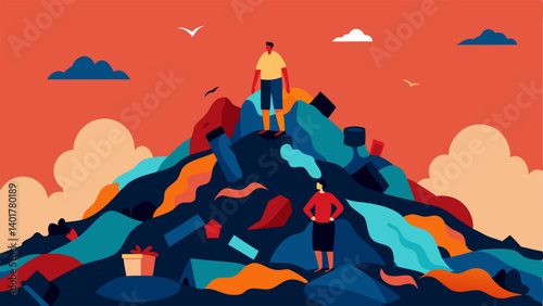 Landfill Overflow An showing a massive landfill overflowing with discarded clothing with a few people looking concerned symbolizing textile waste and its environmental