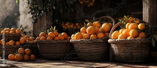 Rustic Market Oranges in Baskets, Sunlit Courtyard