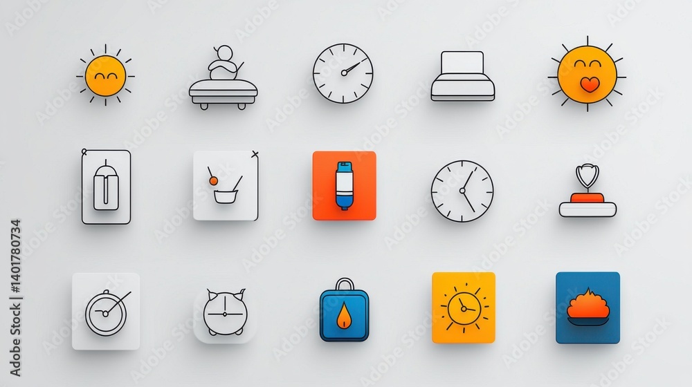 A minimalist modern icon set showcasing 15 key elements for digital interfaces such as time weather productivity and control features
