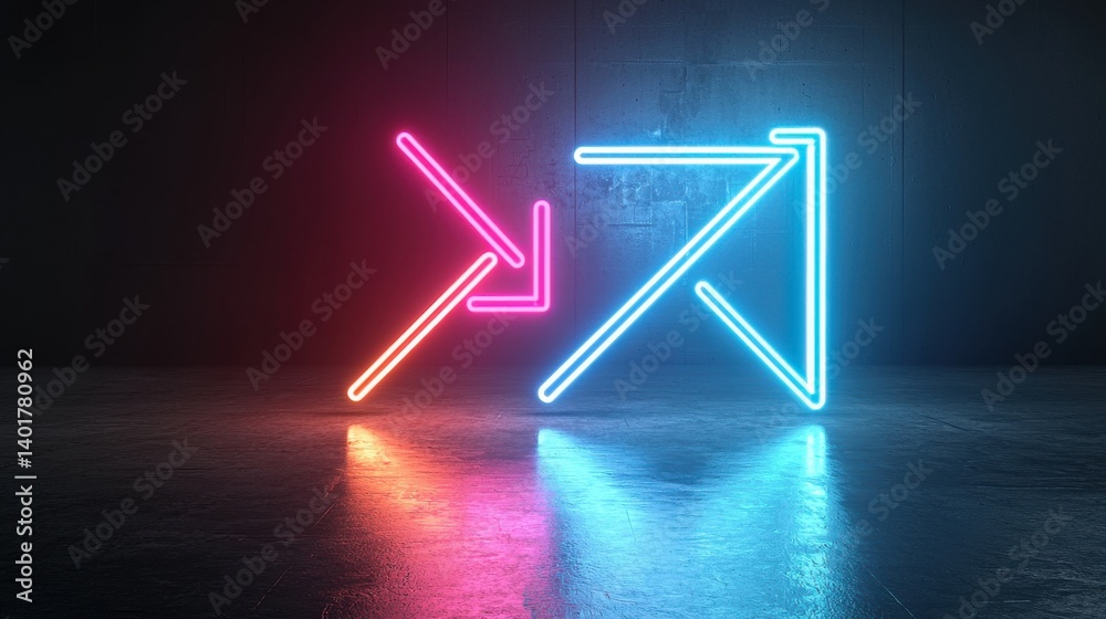 Vibrant neon colored arrow rising with a sense of dynamic energy movement and luminous glow creating a futuristic and visually striking abstract composition