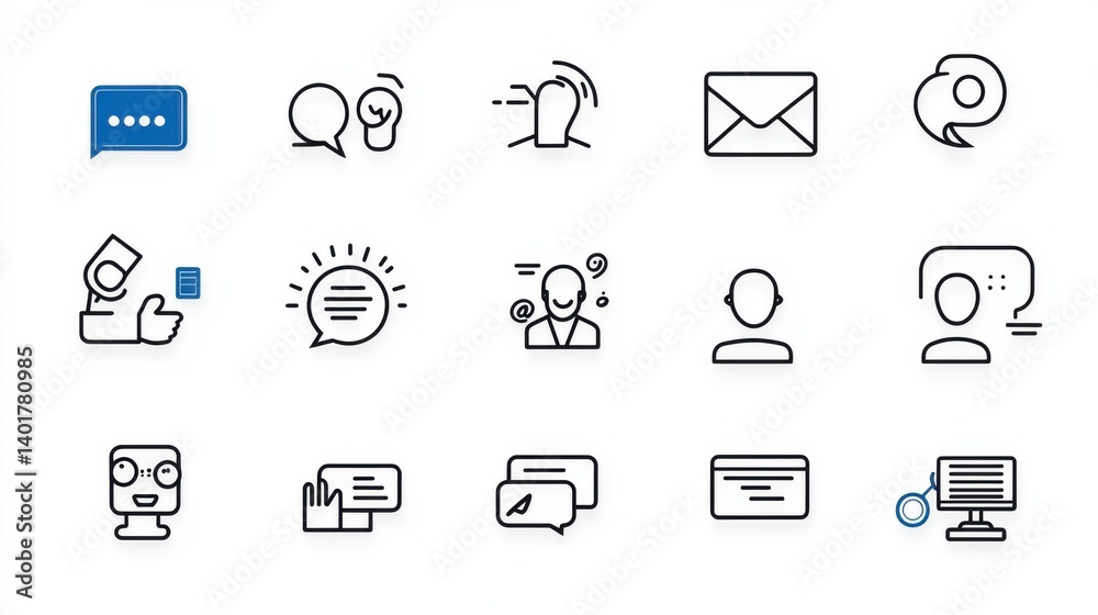A set of simple and clean outline icons representing various networking and communication concepts including chat email social digital technology A set of simple and clean outline icons representing various networking and communication concepts including chat email social digital technology