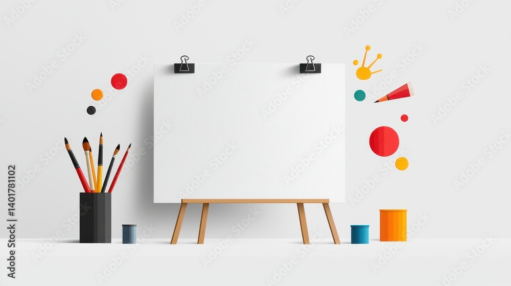 A contemporary art studio workspace with a blank canvas on an easel surrounded by various painting and drawing materials such as brushes pencils and colorful paints