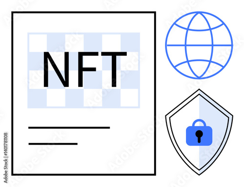 NFT certificate with blue checkered background, globe icon, and security shield with lock symbol. Ideal for blockchain, digital art, internet security, cryptocurrency, ownership verification, online