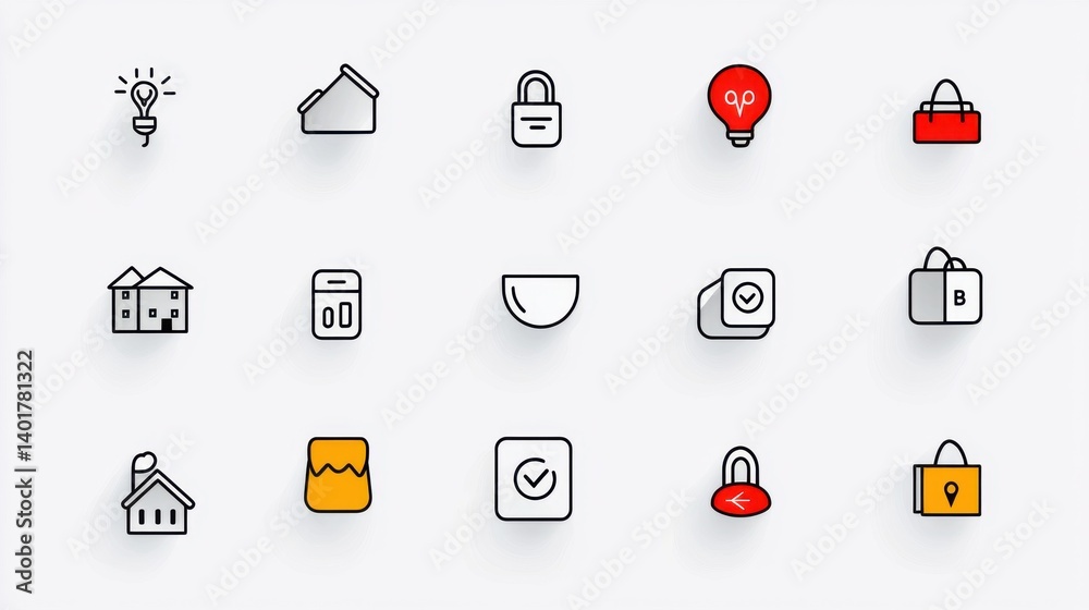 A set of minimalist outline icons depicting various hospitality related symbols including buildings locks scales luggage and more