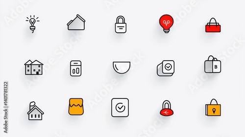 Obraz na płótnie A set of minimalist outline icons depicting various hospitality related symbols including buildings locks scales luggage and more w salonie