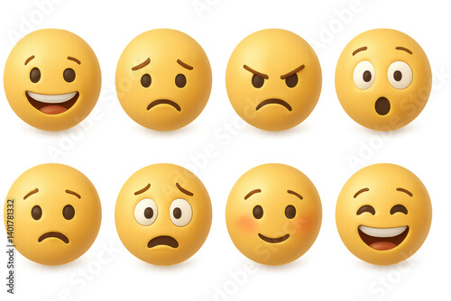 Expressive 3d emotion icons set: happy, sad, angry, surprised, and more smiley faces