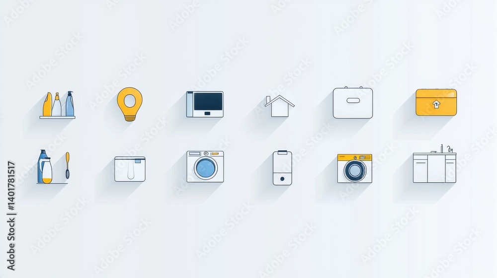 A collection of 15 minimalist outline style icons representing various household appliances furniture and home technology items
