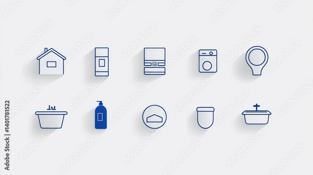 A set of 15 minimalist outline icons representing various property related elements such as household appliances plumbing fixtures and architectural features