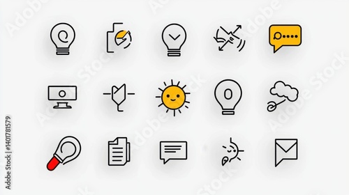 A set of minimalist outline icons representing various elements of dialogue discussion and team as communication messaging brainstorming and problem solving