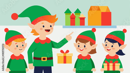 Grouping Shoppers A group of excited elves pointing towards a specific section of the store filled with holidaythemed products while conversing with amazed shoppers.